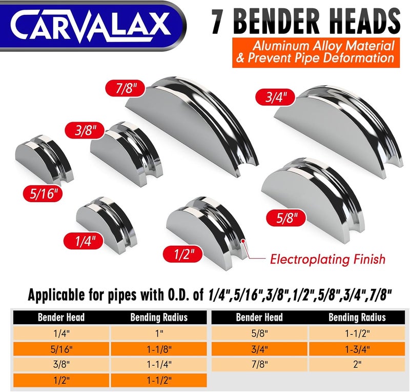 CARVALAX Aluminum Pipe Tube Bender Set,LITE MODEL (No Reverse) with 7 Electroplated Bender Heads, for 1/4” to 7/8” O.D, 90° Ratcheting Tubing Bender for HAVC, Air Conditioning, and Hydraulic Work - Image 4